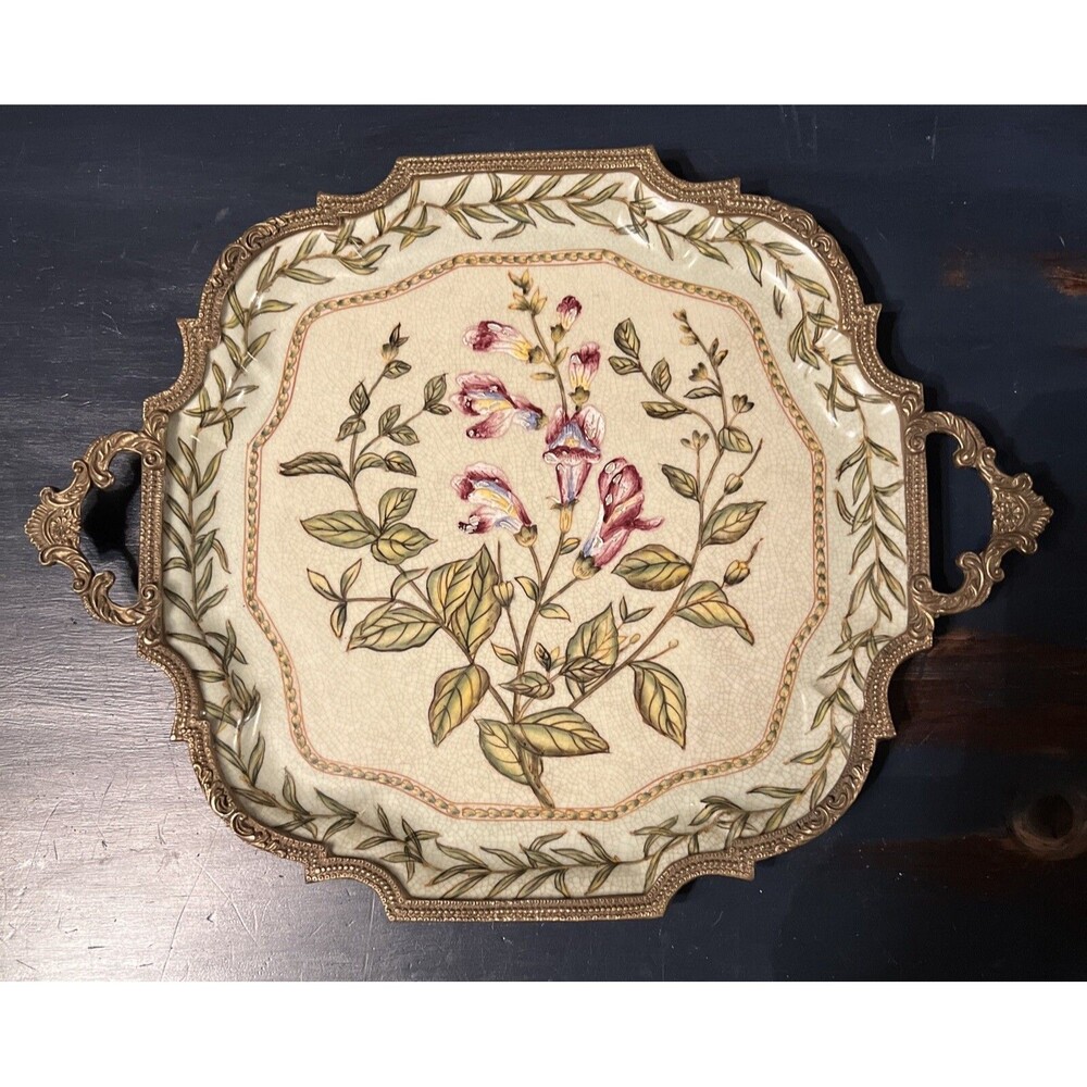 Castilian hand-painted tray and ornate brass trim 15” X 11.5”